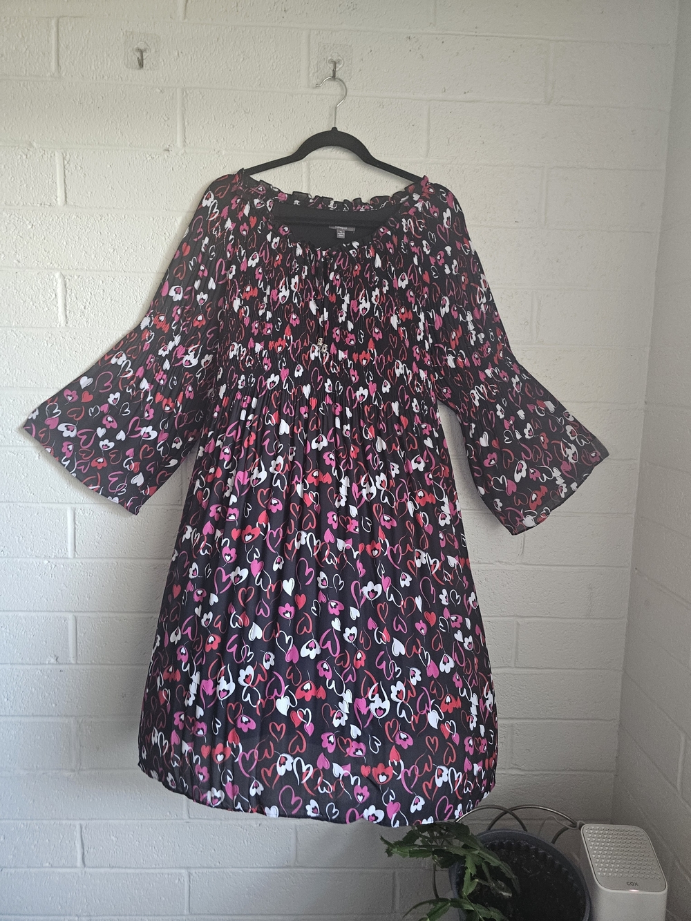 Mighty Clothing Co Floral Heart Print Dress Bell Sleeve Black Pink XL